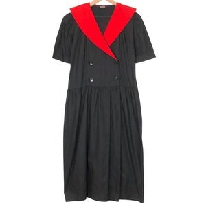 VTG 80s NAYA 100%‎ Cotton Midi Dress Sz S Black Red Button Drop Waist Pockets